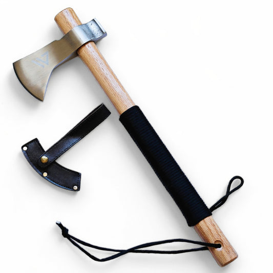 High Carbon Steel Tomahawk Axe | 50 CM Polished Blade with Paracord Handle, Lanyard, and PU Leather Sheath