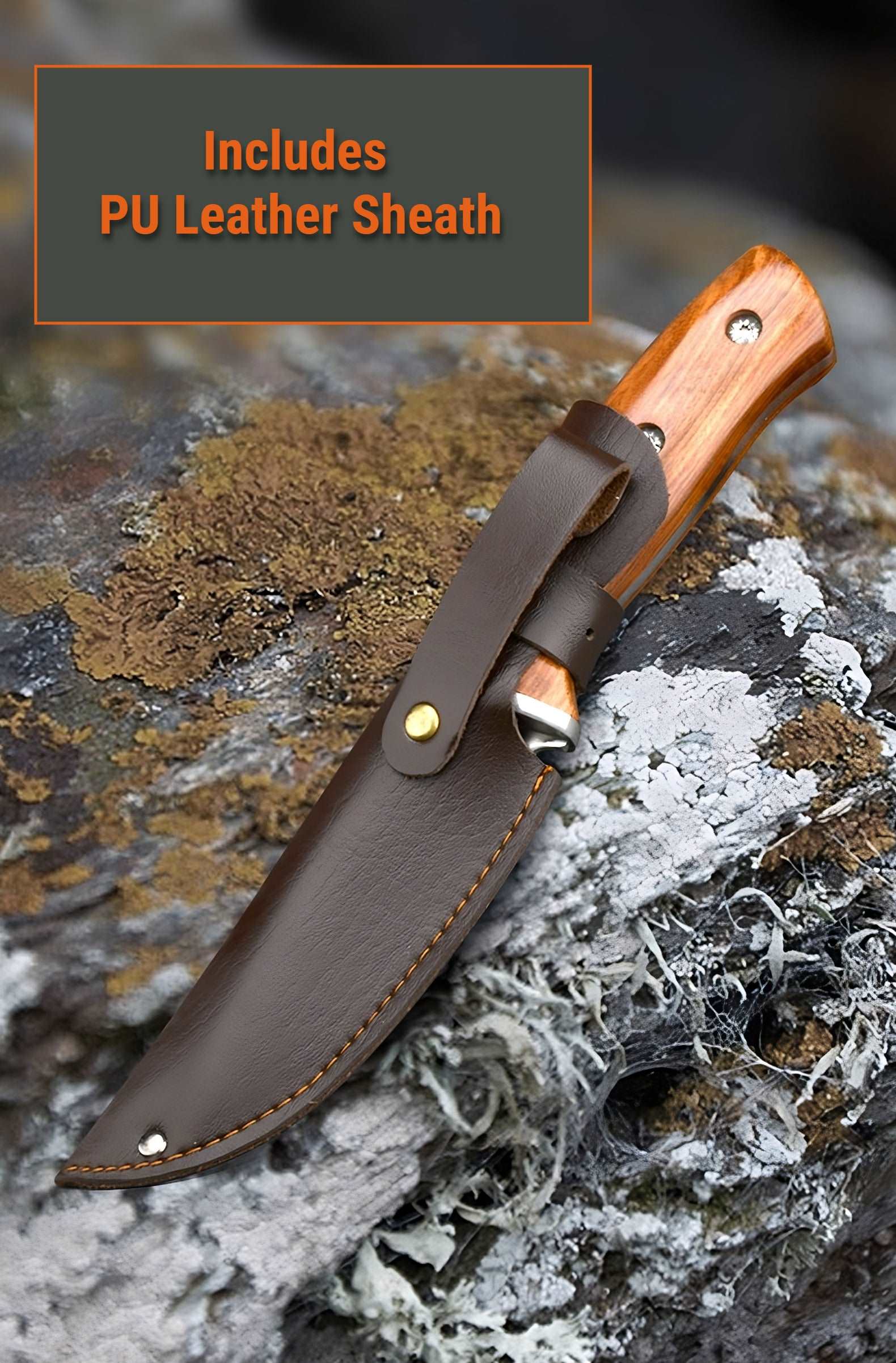 Premium Bushcraft Knife - 5Cr13 Steel Blade, Rosewood Handle, Flint & Striker Included with PU Leather Sheath