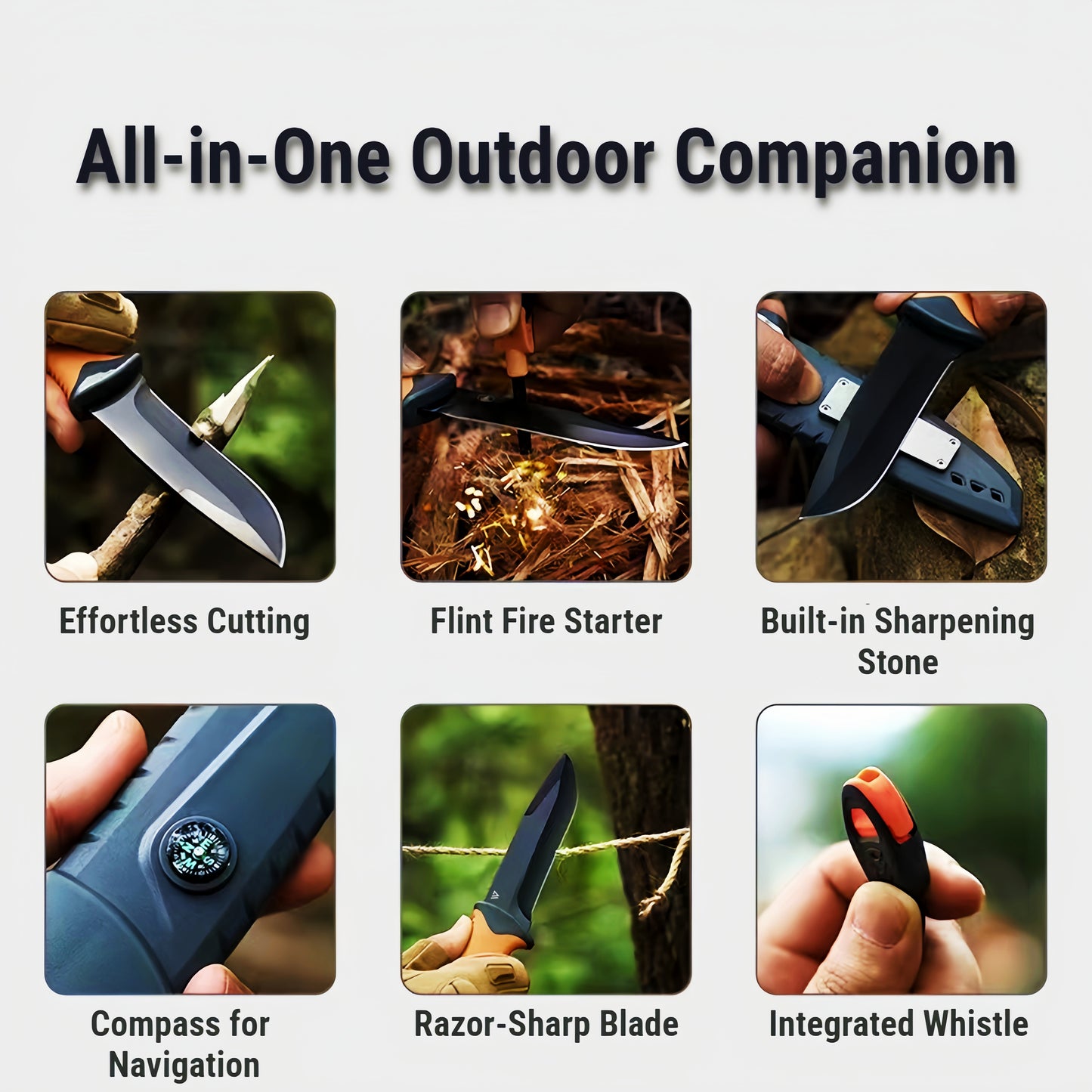 Wilora Outdoor Hunting Knife - 4CR13 Stainless Steel Blade with Flint, Whistle, Compass, Sheath & Sharpening Stone