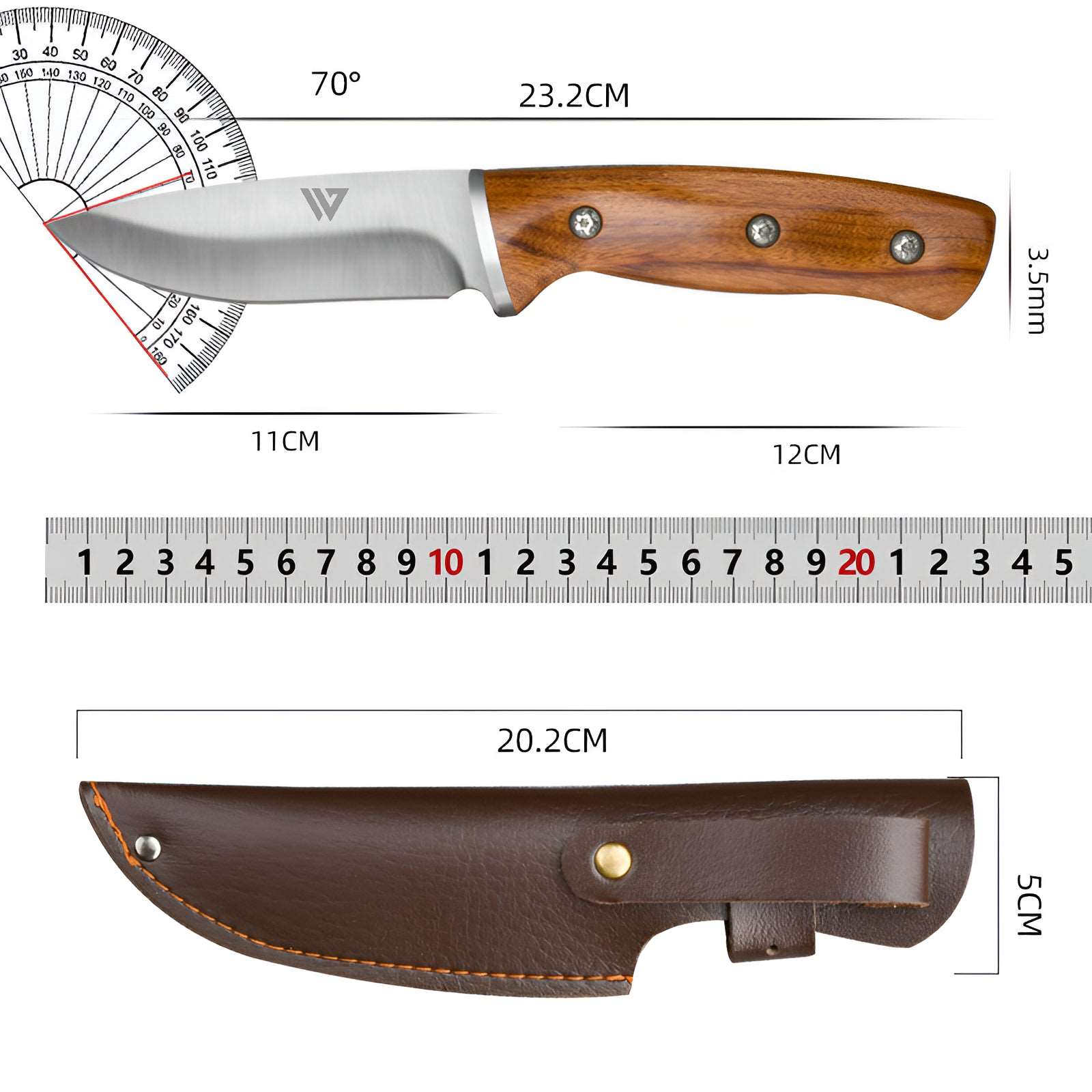 Premium Bushcraft Knife - 5Cr13 Steel Blade, Rosewood Handle, Flint & Striker Included with PU Leather Sheath